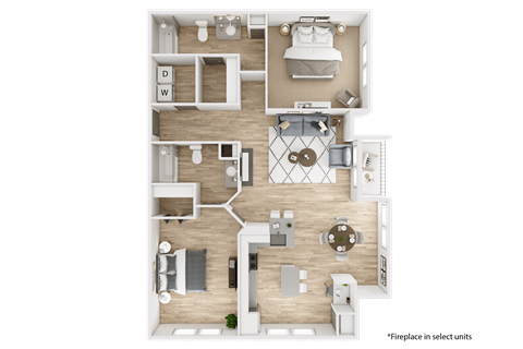 Floor plan for 2 beds, 2 baths, 1169 sqft